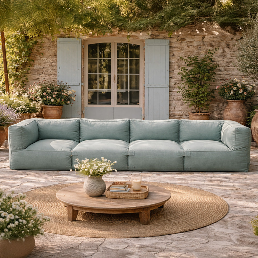 Ensemble de poufs extérieur 4 places modulable en tissu déperlant vert Praiano