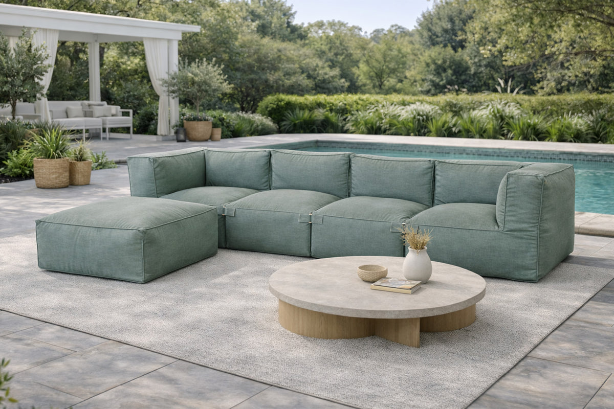 Ensemble poufs extérieur vert tissu déperlant 5 places Praiano