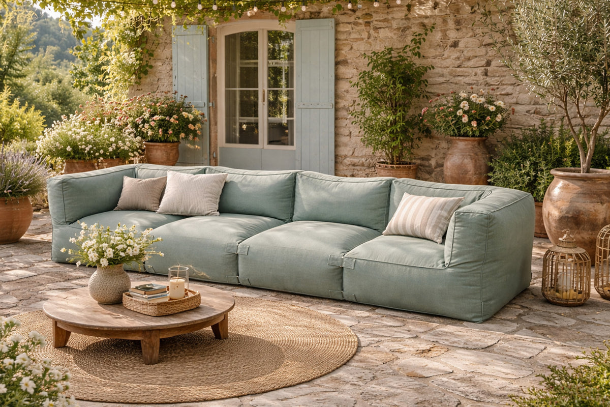 Ensemble de poufs extérieur 4 places modulable en tissu déperlant vert Praiano