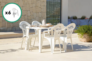 Table extensible 170x90x73cm blanche + 6 chaises Atlantica mise en situation