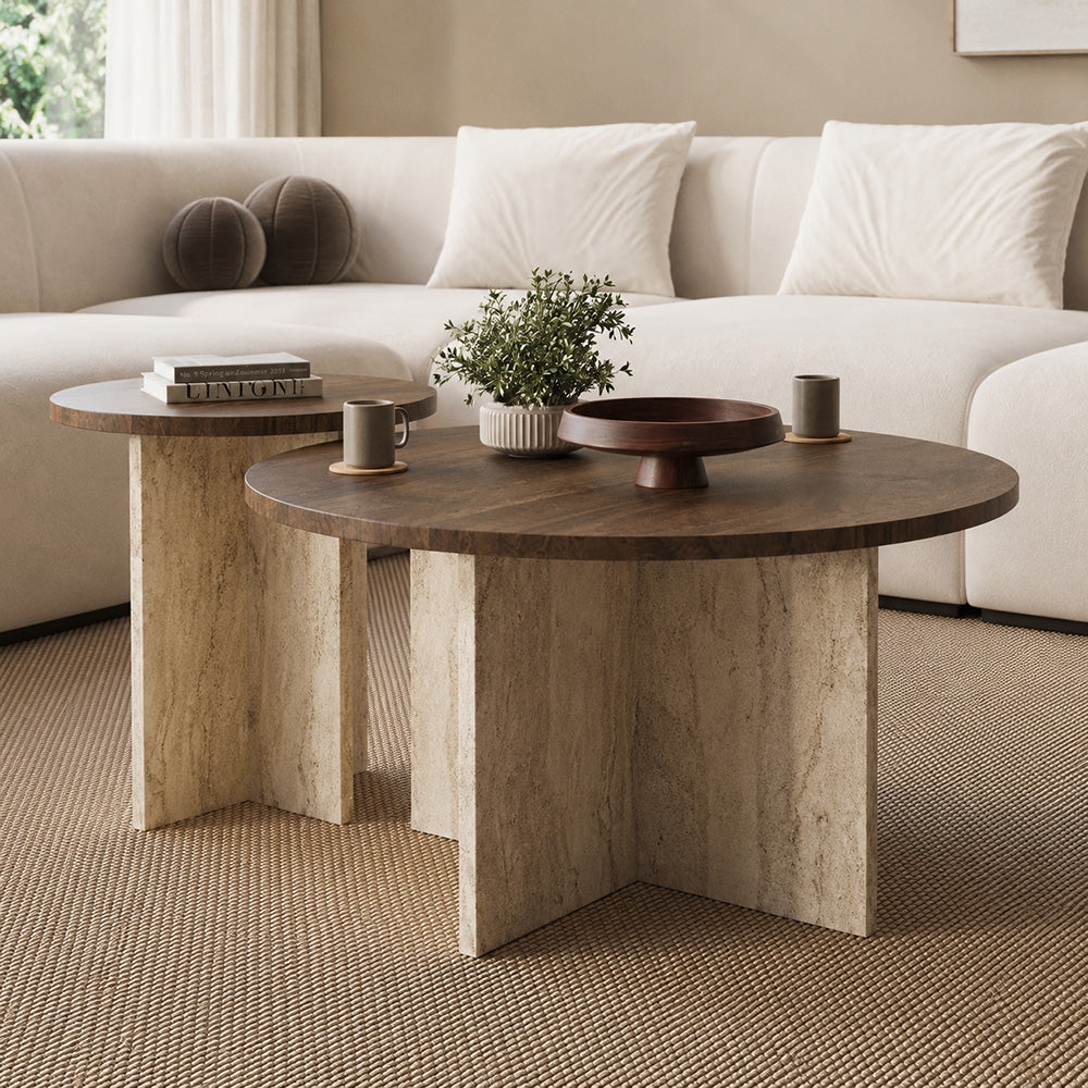 Ensemble de 2 tables basses rondes effet noyer TRAVI