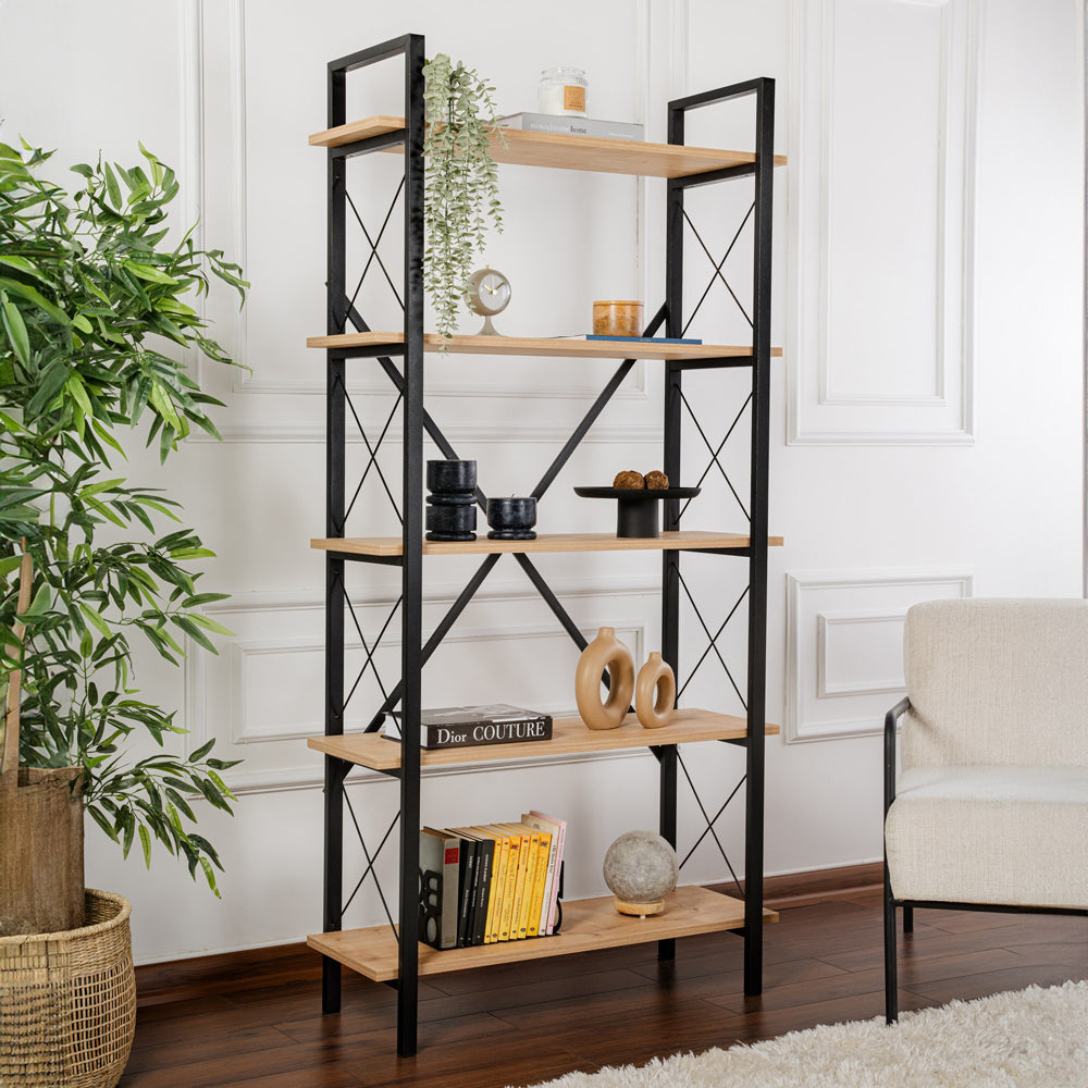 Etagère moderne 5 espaces de rangement bois et métal 180cm Elysian couleur chêne et métal noir