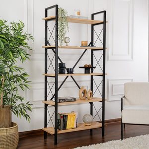Etagère moderne 5 espaces de rangement bois et métal 180cm Elysian couleur chêne et métal noir