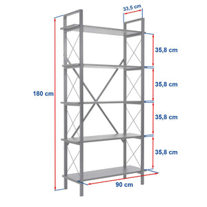 Etagère moderne 5 espaces de rangement bois et métal 180cm Elysian dimensions