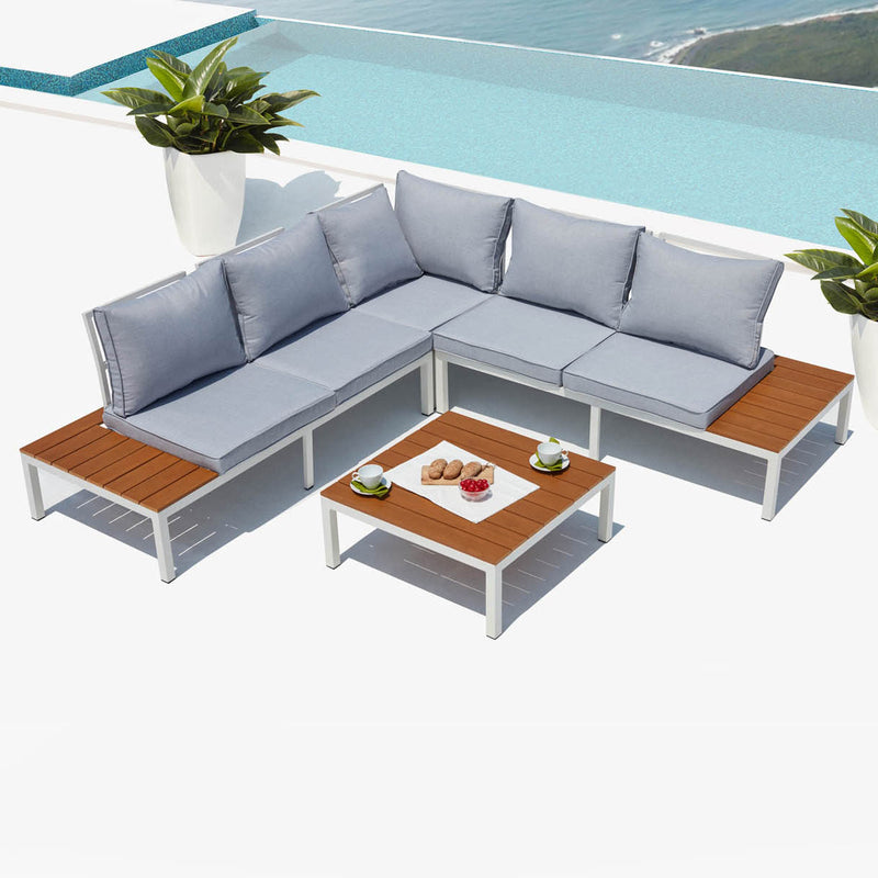 salon de jardin en aluminium Blanc et gris ambiance
