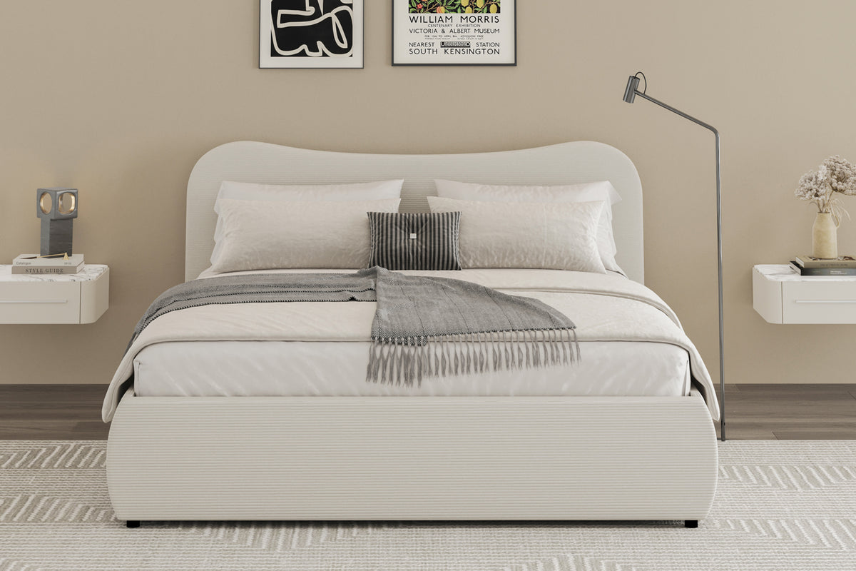 Lit coffre 140x190cm design arrondi velours côtelé beige Plano photo d'ambiance