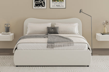 Lit coffre 140x190cm design arrondi velours côtelé beige Plano photo d'ambiance