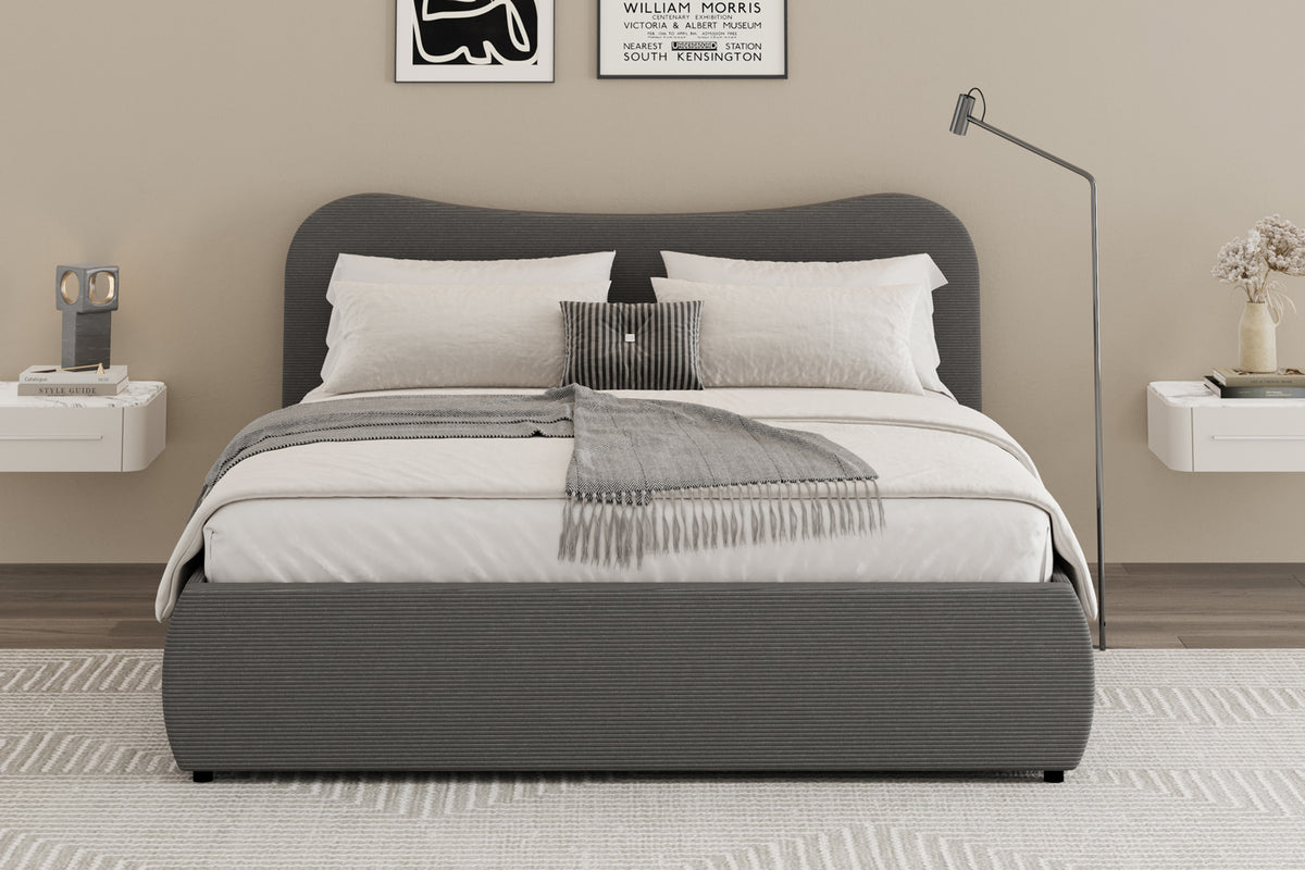 Lit coffre 140x190cm design arrondi velours côtelé gris Plano photo d'ambiance