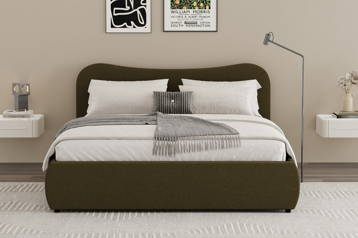 Lit coffre 140x190cm design arrondi velours côtelé vert Plano photo d'ambiance