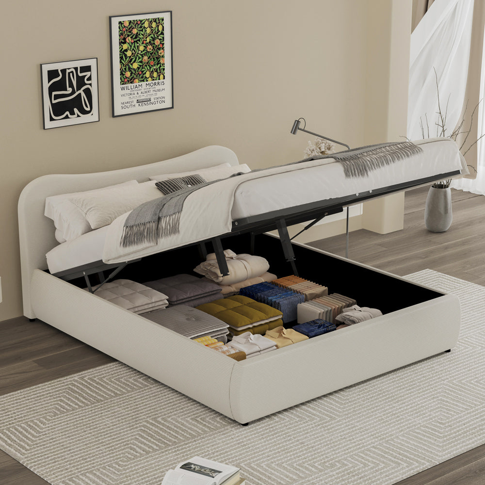 Lit coffre 160x200cm design arrondi velours côtelé beige Plano avec coffre de rangement