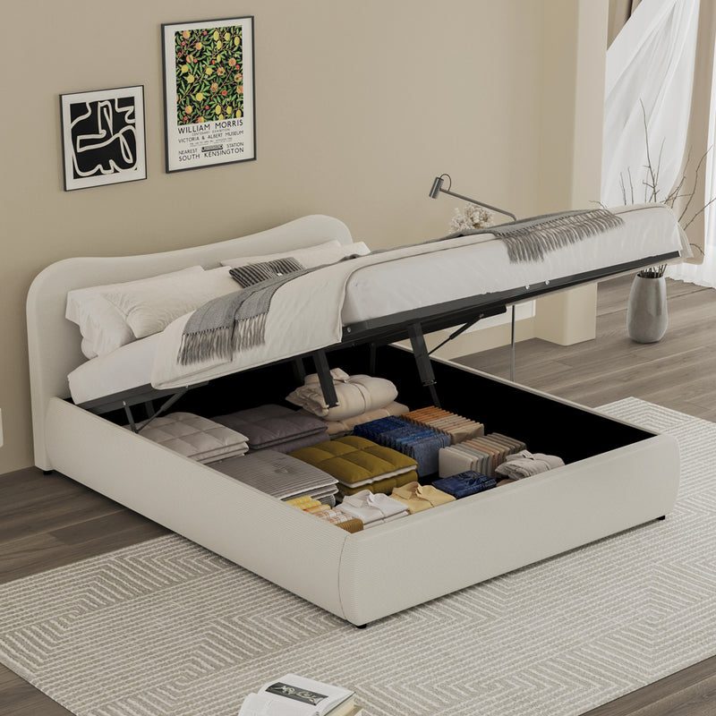 Lit coffre 160x200cm design arrondi velours côtelé beige Plano avec coffre de rangement
