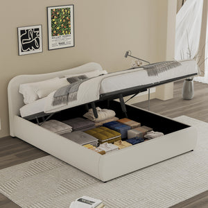 Lit coffre 160x200cm design arrondi velours côtelé beige Plano avec coffre de rangement