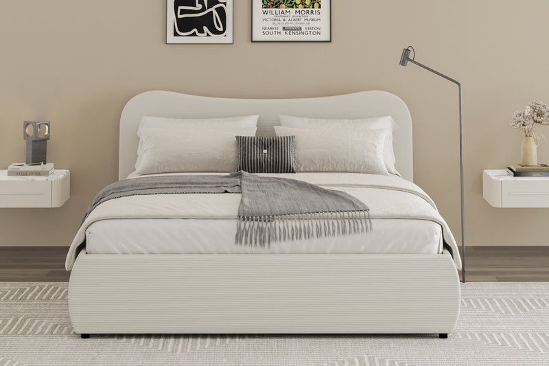 Lit coffre 160x200cm design arrondi velours côtelé beige Plano photo d'ambiance