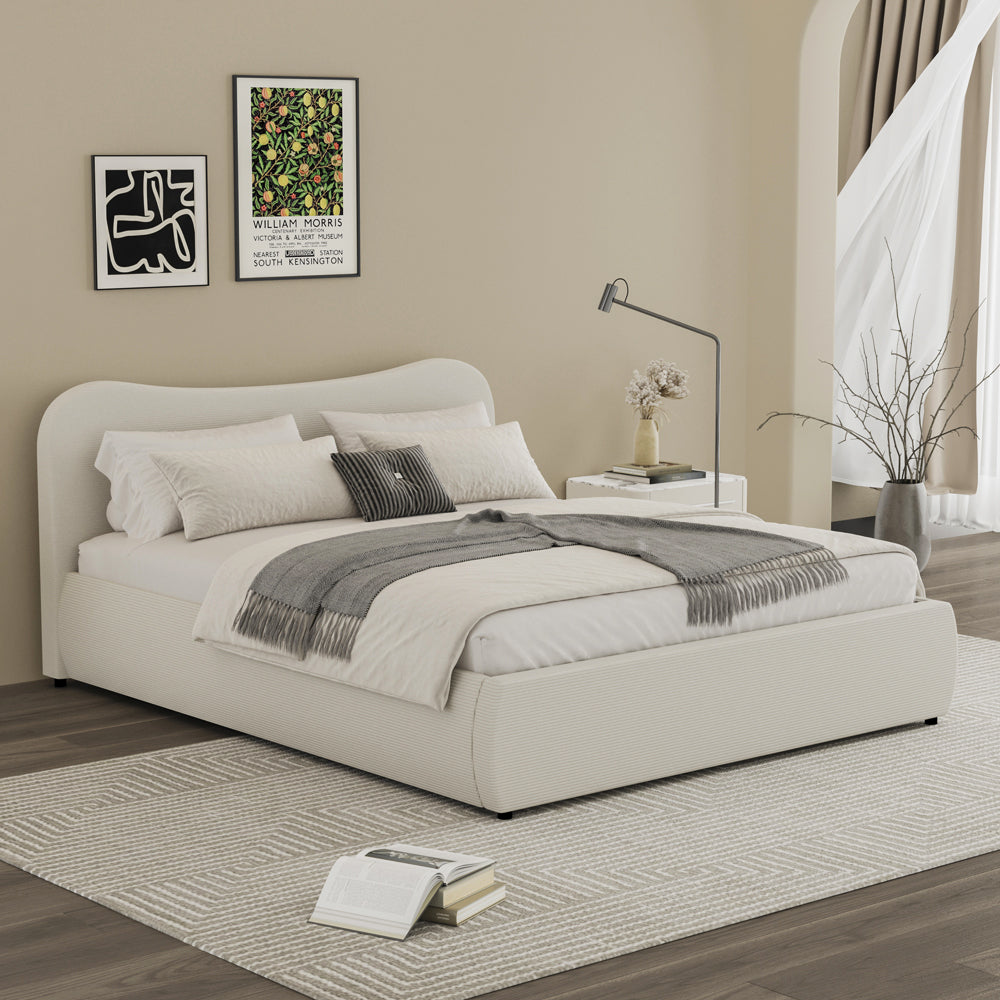 Lit coffre 160x200cm design arrondi velours côtelé beige Plano design organique