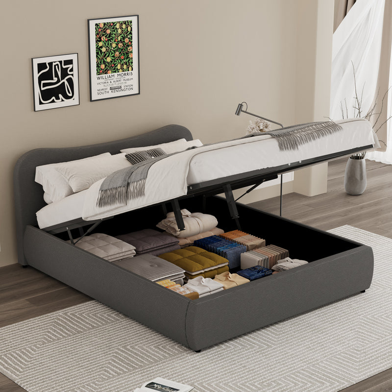 Lit coffre 160x200cm design arrondi velours côtelé gris Plano avec coffre de rangement