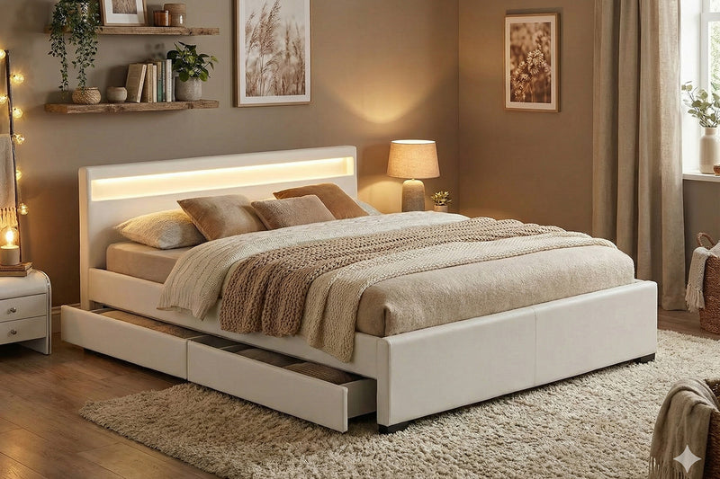 Lit blanc avec LED intégrés et rangements