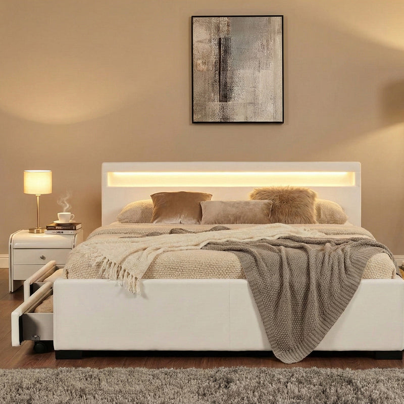 Lit blanc avec LED intégrés et rangements