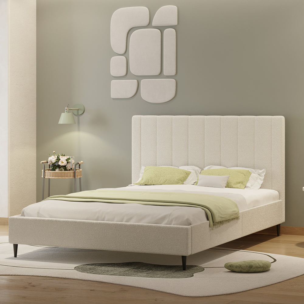 Lit en tissu bouclettes beige 160x200cm Cambridge vue de 3/4