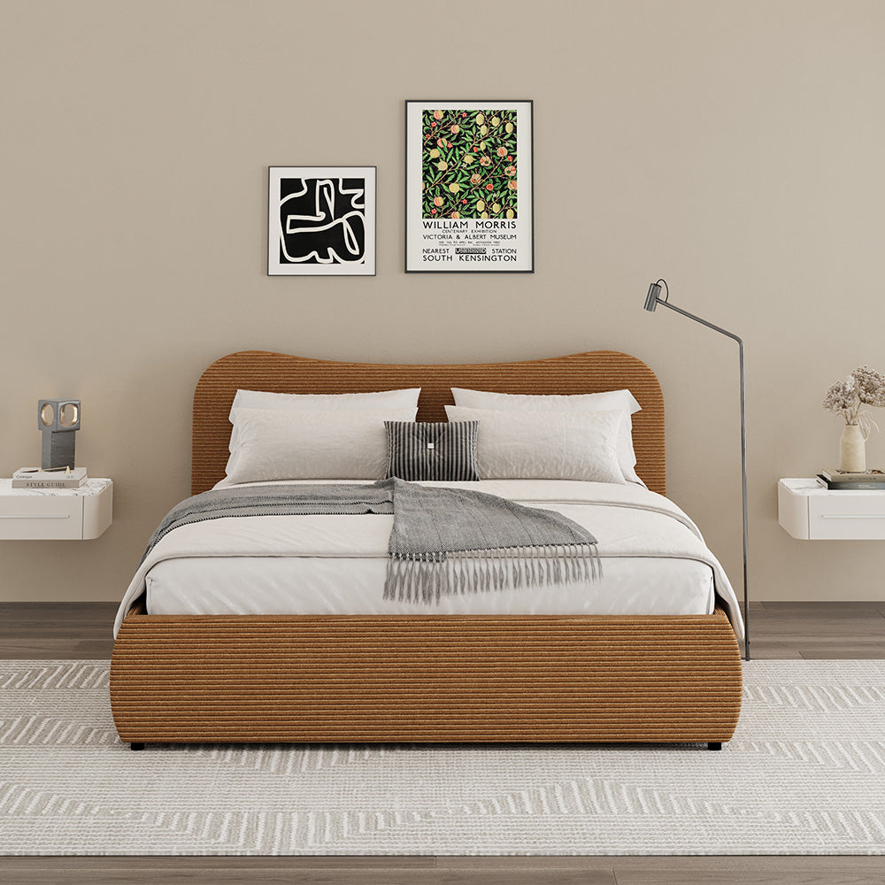 Lit coffre 140x190cm design arrondi velours côtelé marron Plano