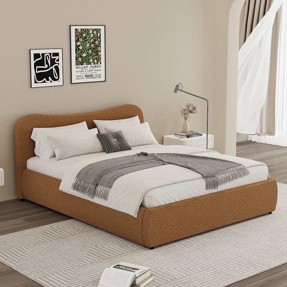 Lit coffre 160x200cm design arrondi velours côtelé marron Plano