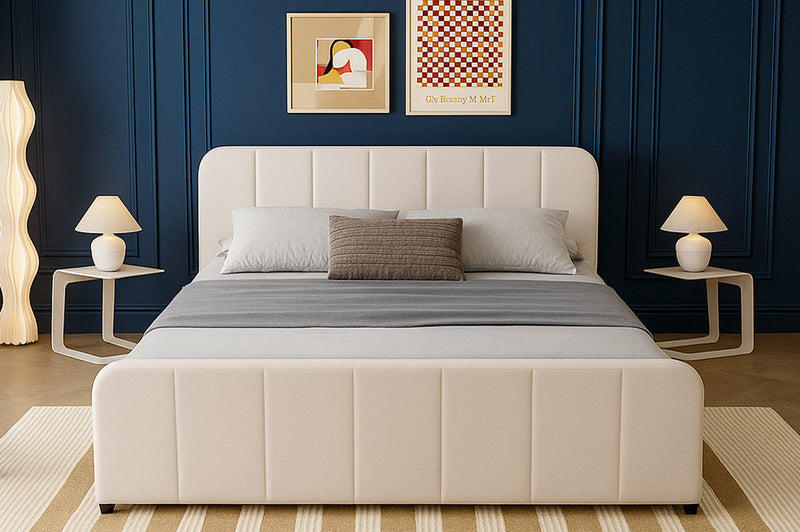 Lit avec coffre de rangement 140x190cm en velours beige Tampa photo d'ambiance