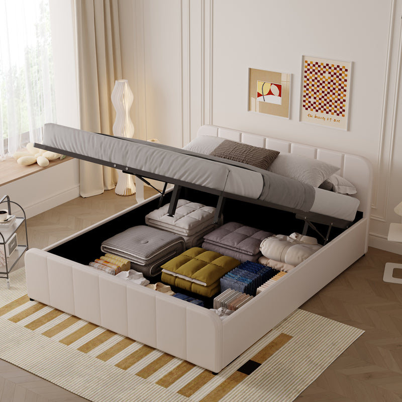 Lit avec coffre de rangement 140x190cm en velours beige Tampa vue du coffre