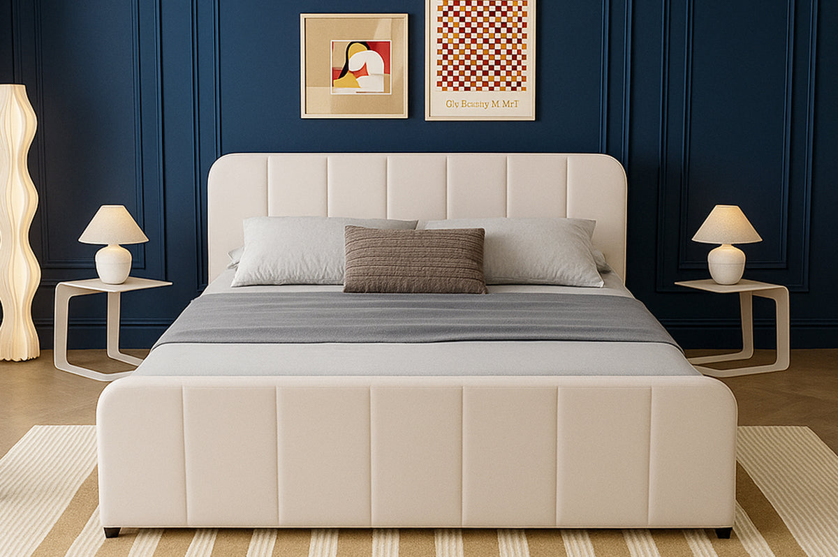 Lit avec coffre de rangement 160x200cm en velours beige Tampa photo d'ambiance