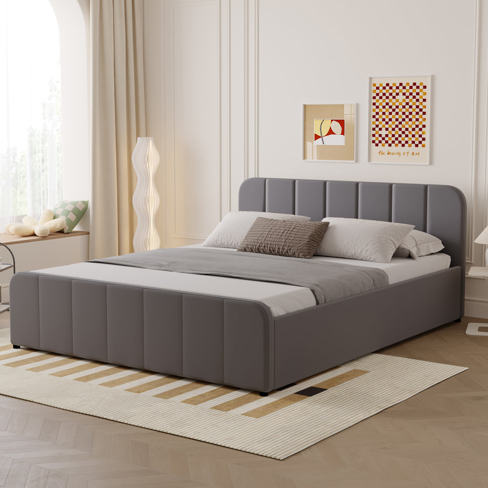Lit avec coffre de rangement 140x190cm en velours gris Tampa vue de 3/4