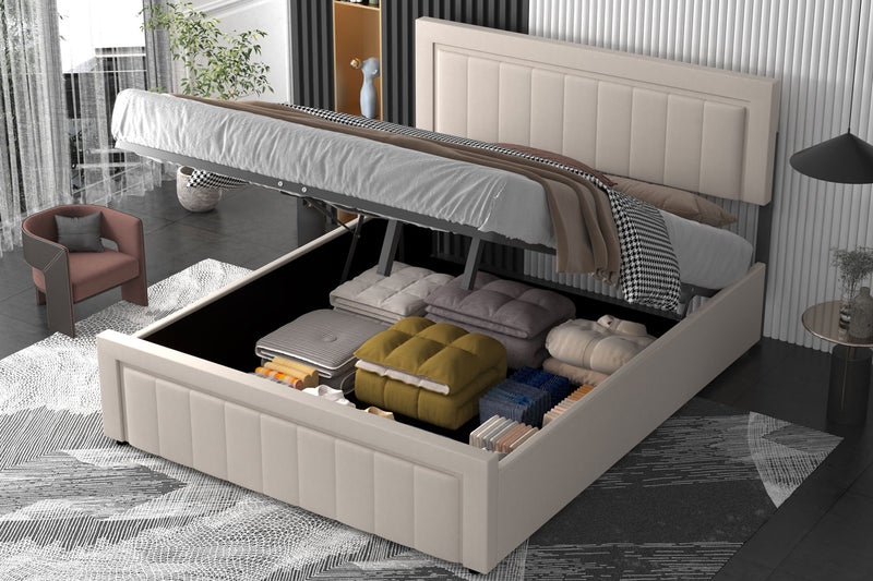 Lit contemporain avec coffre de rangement 160x200cm en velours Nashville beige ambiance