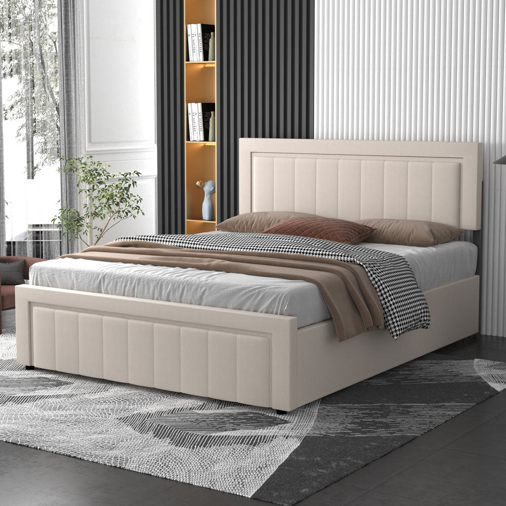 Lit contemporain avec coffre de rangement 160x200cm en velours Nashville beige vue de 3/4