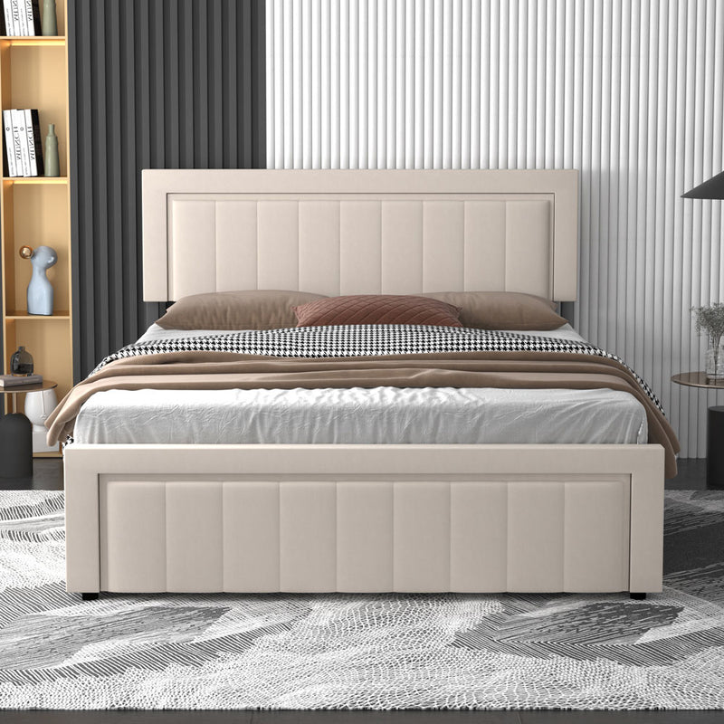 Lit contemporain avec coffre de rangement 160x200cm en velours Nashville beige vue de face