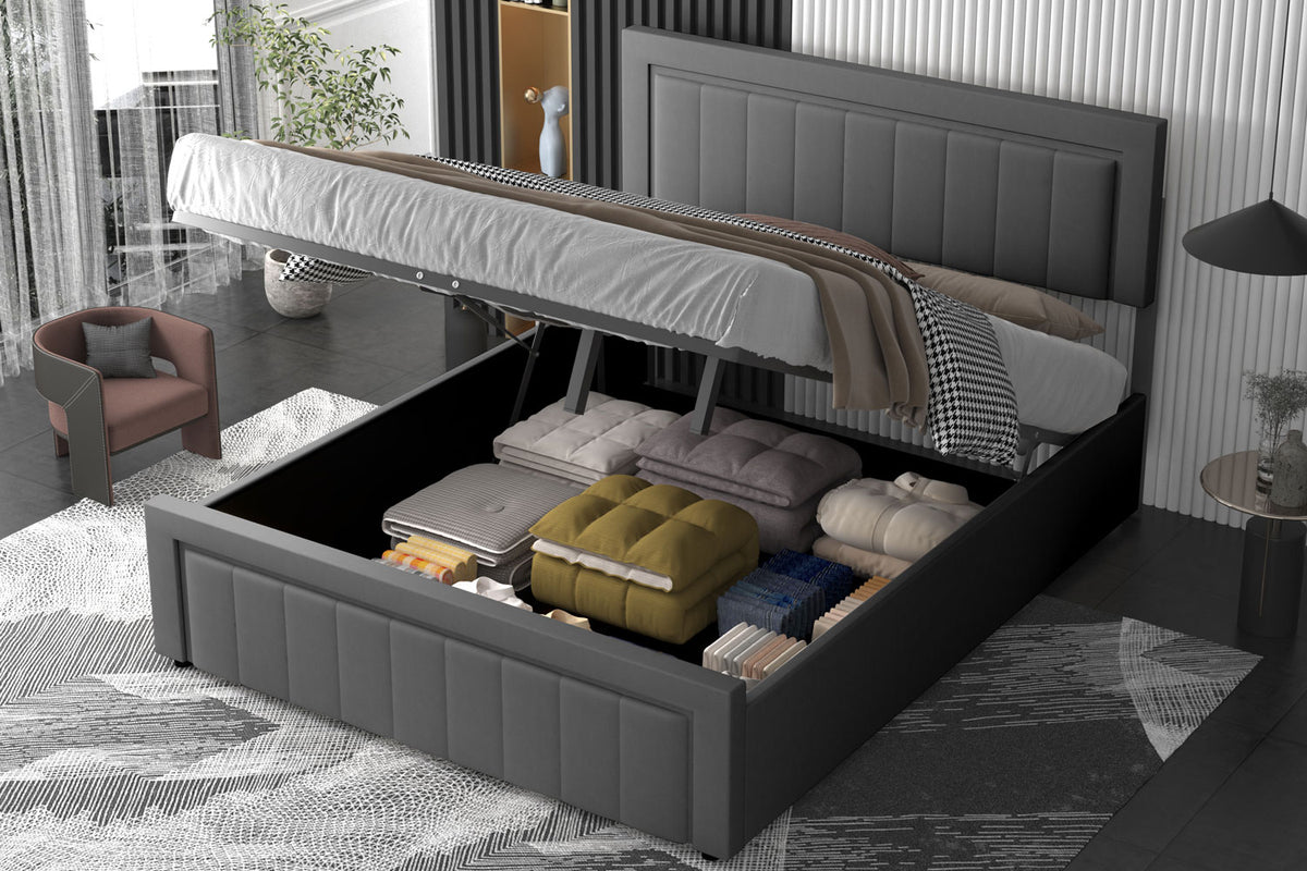 Lit contemporain avec coffre de rangement 140x190cm en velours Nashville gris ambiance
