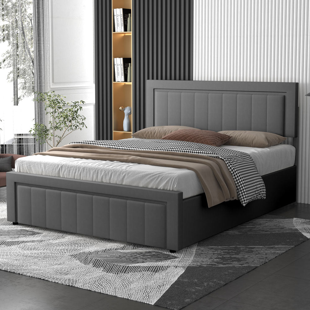 Lit contemporain avec coffre de rangement 160x200cm en velours Nashville gris vue 3/4