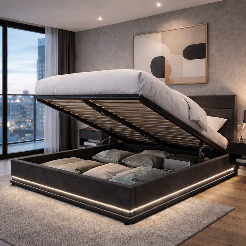 Lit coffre LED 140 en velours gris New York