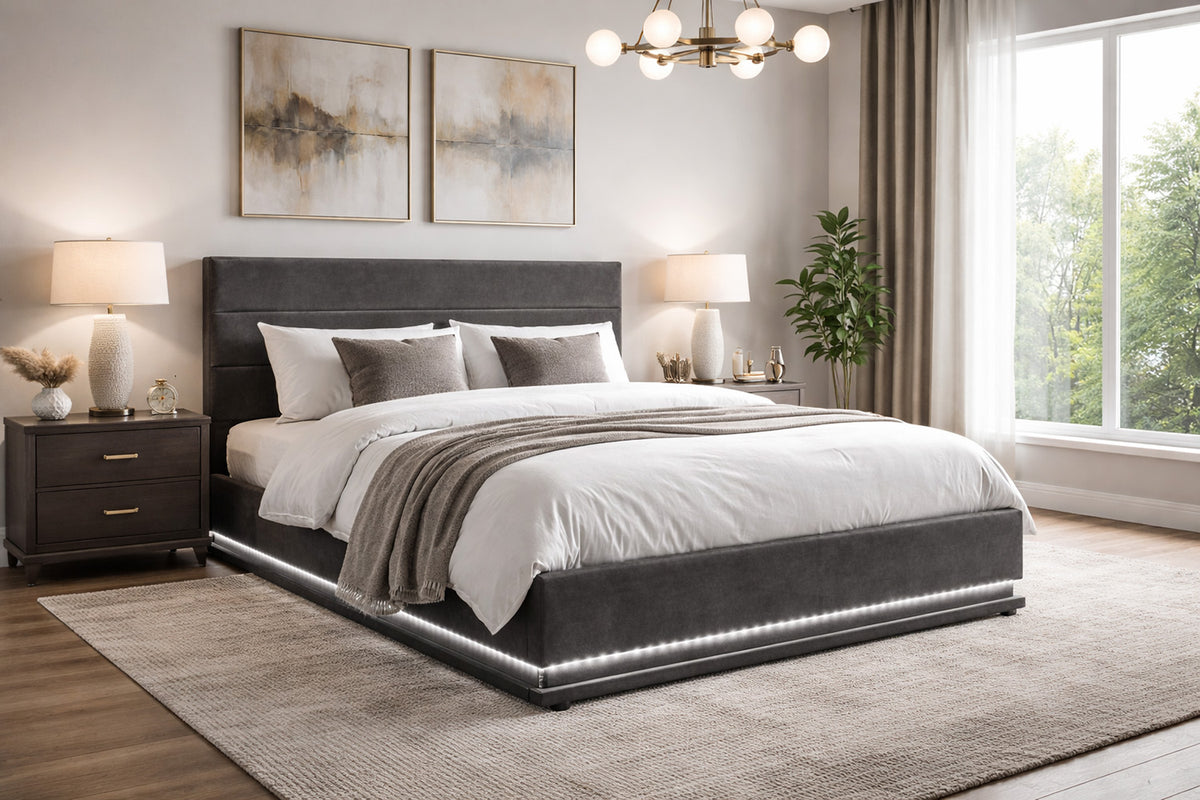 Lit coffre LED 160 en velours gris New York