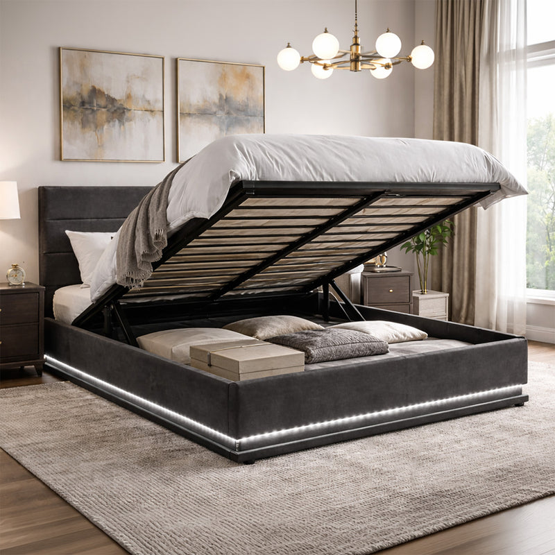 Lit coffre LED 160 en velours gris New York