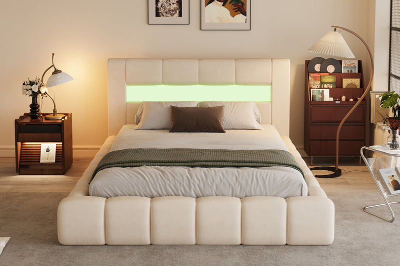 Lit nuage avec coffre de rangement et LED 140x190cm en velours beige avec tête de lit et sommier Omaha photo d'ambiance
