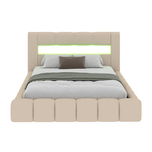 Lit nuage avec coffre de rangement et LED 140x190cm en velours beige avec tête de lit et sommier Omaha packshot vue de face