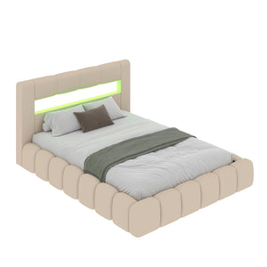 Lit nuage avec coffre de rangement et LED 140x190cm en velours beige avec tête de lit et sommier Omaha packshot lit nuage bubble