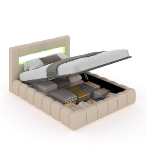 Lit nuage avec coffre de rangement et LED 140x190cm en velours beige avec tête de lit et sommier Omaha packshot coffre