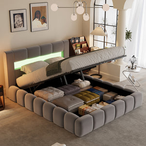 Lit nuage avec coffre de rangement et LED 140x190cm en velours gris avec tête de lit et sommier Omaha avec coffre