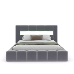 Lit nuage avec coffre de rangement et LED 140x190cm en velours gris avec tête de lit et sommier Omaha packshot vue de face