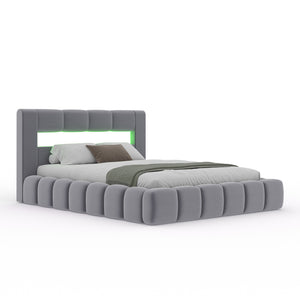 Lit nuage avec coffre de rangement et LED 140x190cm en velours gris avec tête de lit et sommier Omaha packshot design nuage bubble