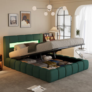 Lit nuage avec coffre de rangement et LED 140x190cm en velours vert avec tête de lit et sommier Omaha avec coffre