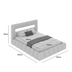 Lit nuage avec coffre de rangement et LED 140x190cm en velours vert avec tête de lit et sommier Omaha dimensions