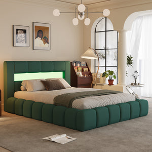 Lit nuage avec coffre de rangement et LED 140x190cm en velours vert avec tête de lit et sommier Omaha design nuage bubble