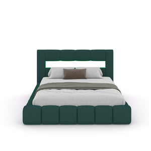 Lit nuage avec coffre de rangement et LED 140x190cm en velours vert avec tête de lit et sommier Omaha packshot vue de face