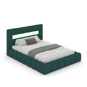 Lit nuage avec coffre de rangement et LED 140x190cm en velours vert avec tête de lit et sommier Omaha packshot design nuage bubble