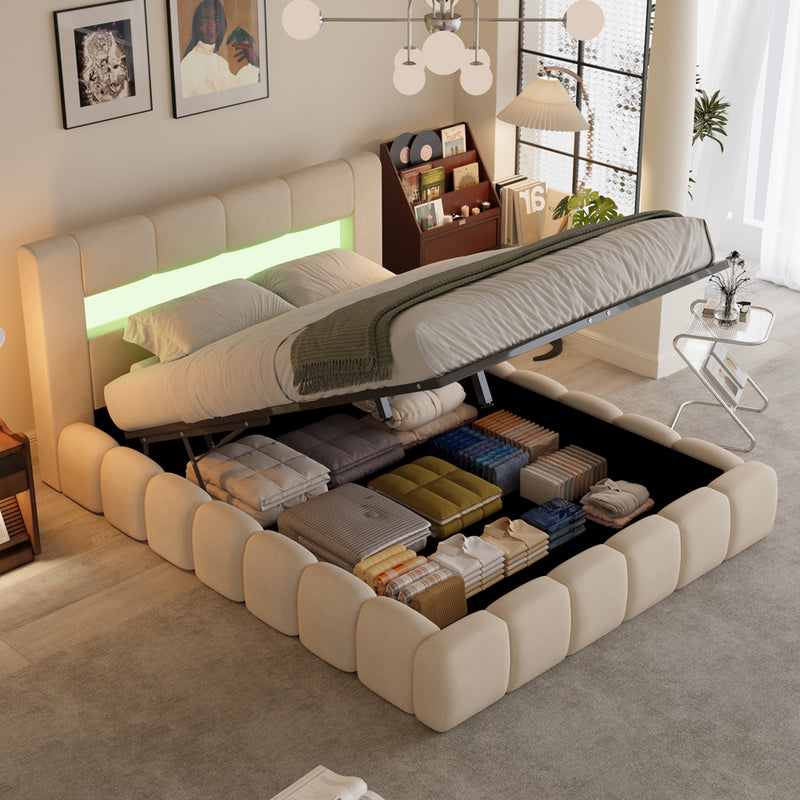Lit nuage avec coffre de rangement et LED 160x200cm en velours beige avec tête de lit et sommier Omaha avec coffre