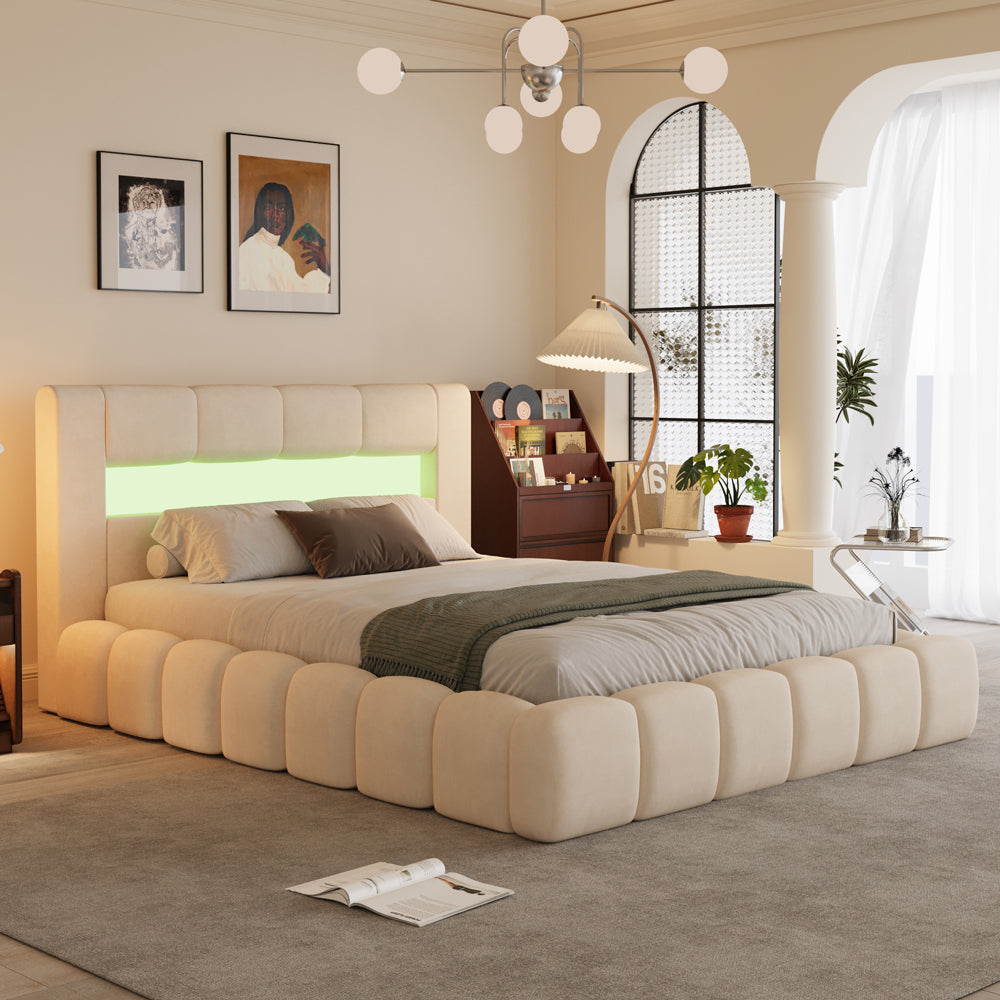 Lit nuage avec coffre de rangement et LED 160x200cm en velours beige avec tête de lit et sommier Omaha design nuage bubble